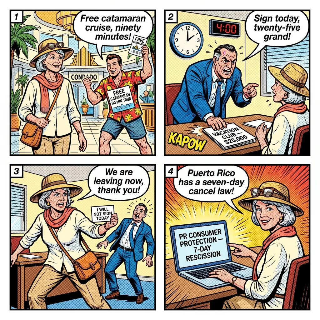 Condado / Isla Verde Timeshare Presentation Hustle — comic illustration