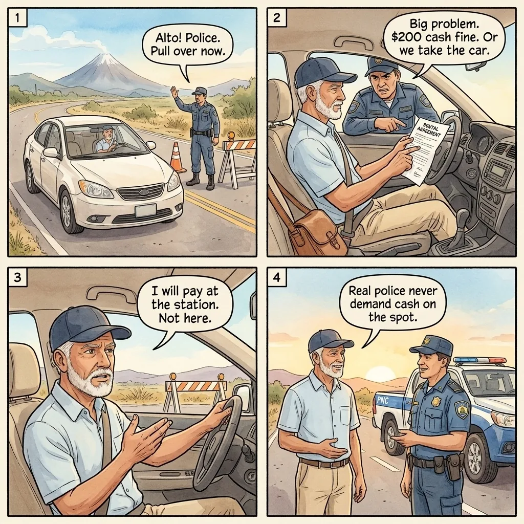 Fake Police Officer Shakedown — comic illustration