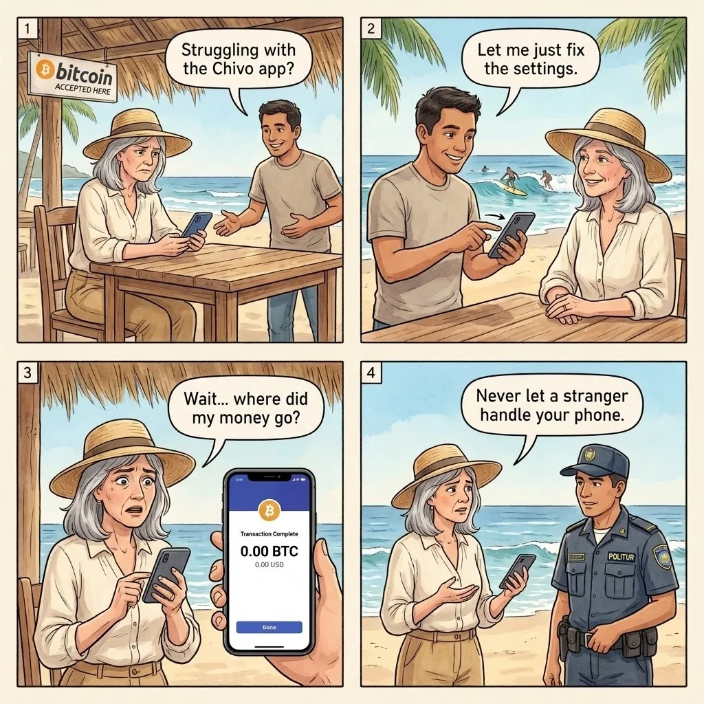 Bitcoin Wallet and Digital Payment Scam — comic illustration
