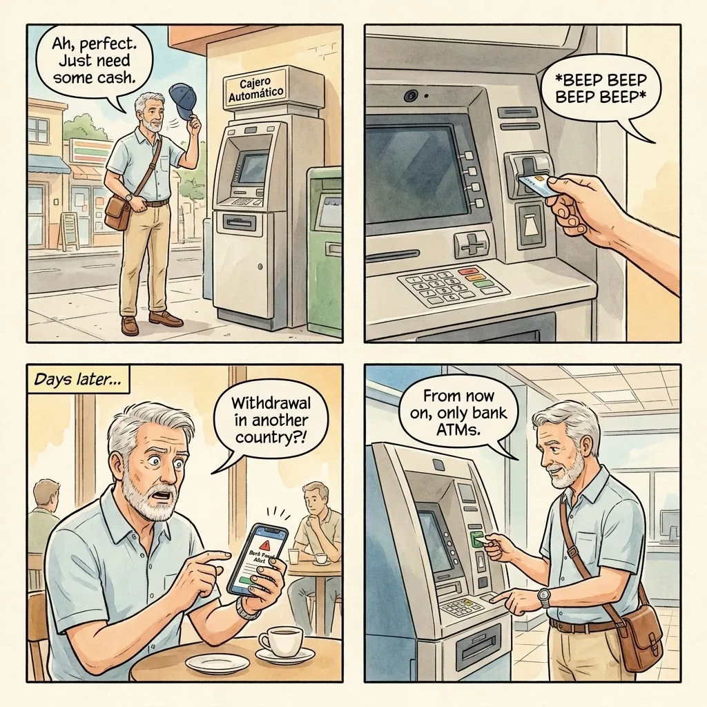 ATM Skimming and Card Cloning — comic illustration