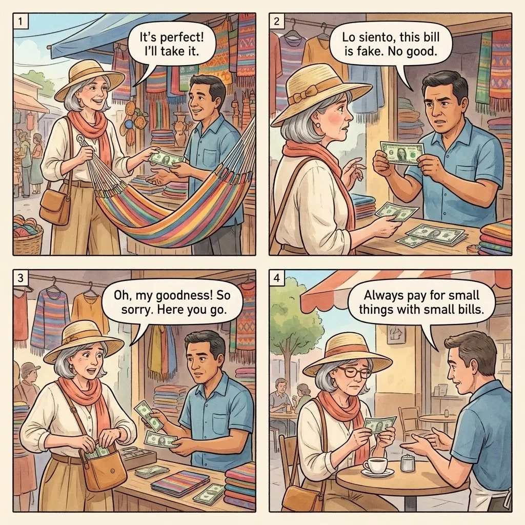 Counterfeit Bill Switch at Markets — comic illustration
