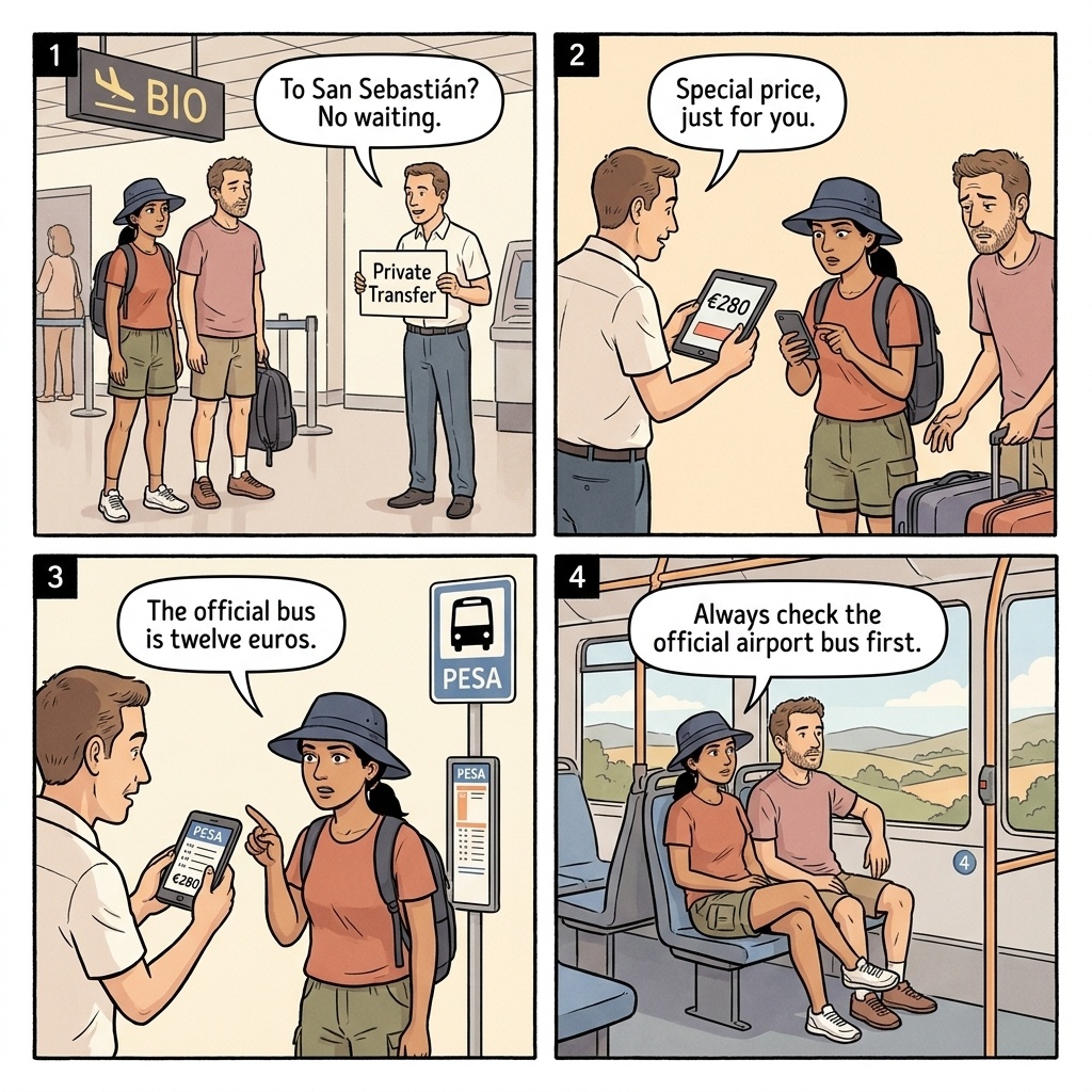 San Sebastián Airport & Bilbao-to-Donostia Transfer Overcharge — comic illustration