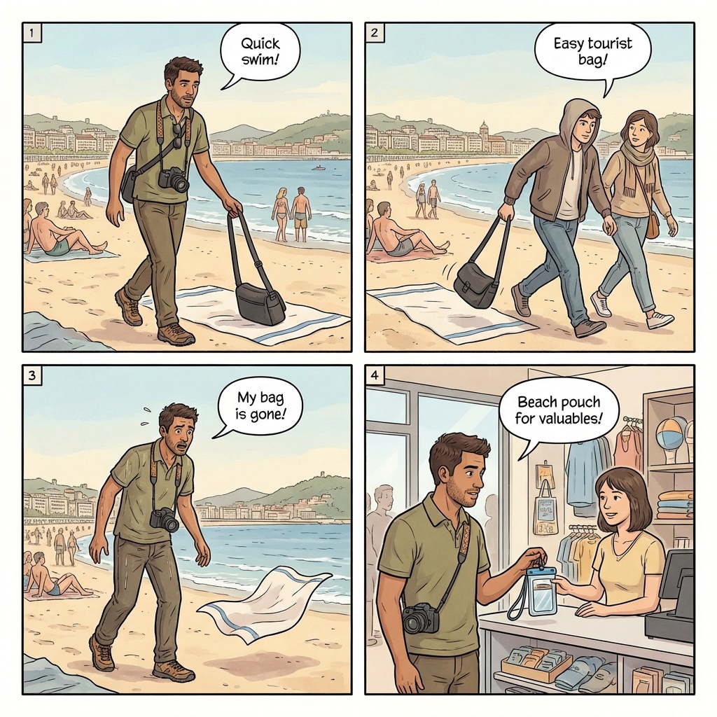 Playa de la Concha Beach Theft & Phone Snatching — comic illustration
