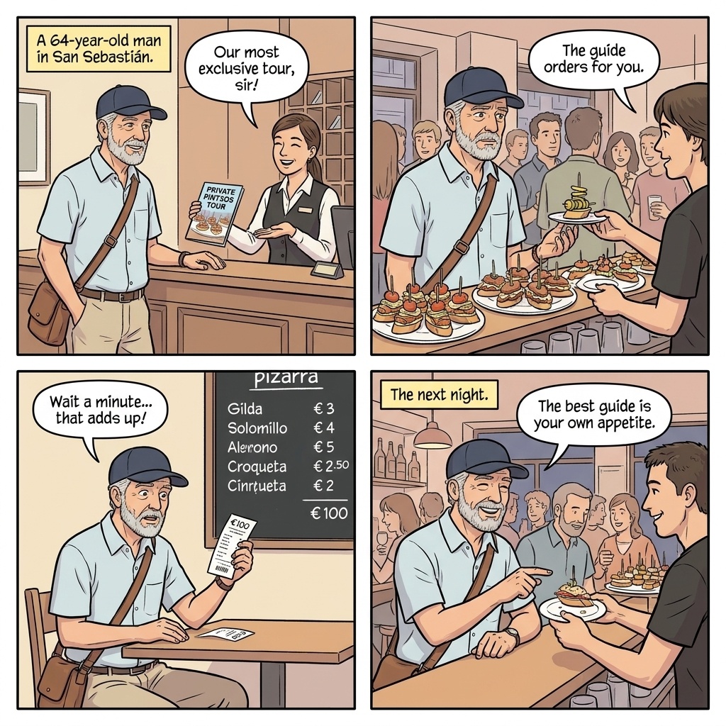 Packaged 'Private Pintxos Tour' & Hotel-Concierge Upcharge — comic illustration