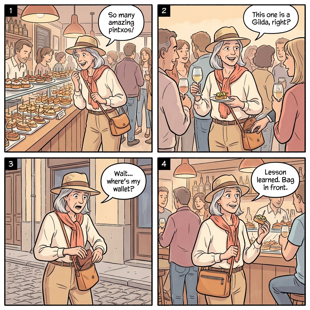 Donostia Old Town & Station Pickpockets — comic illustration