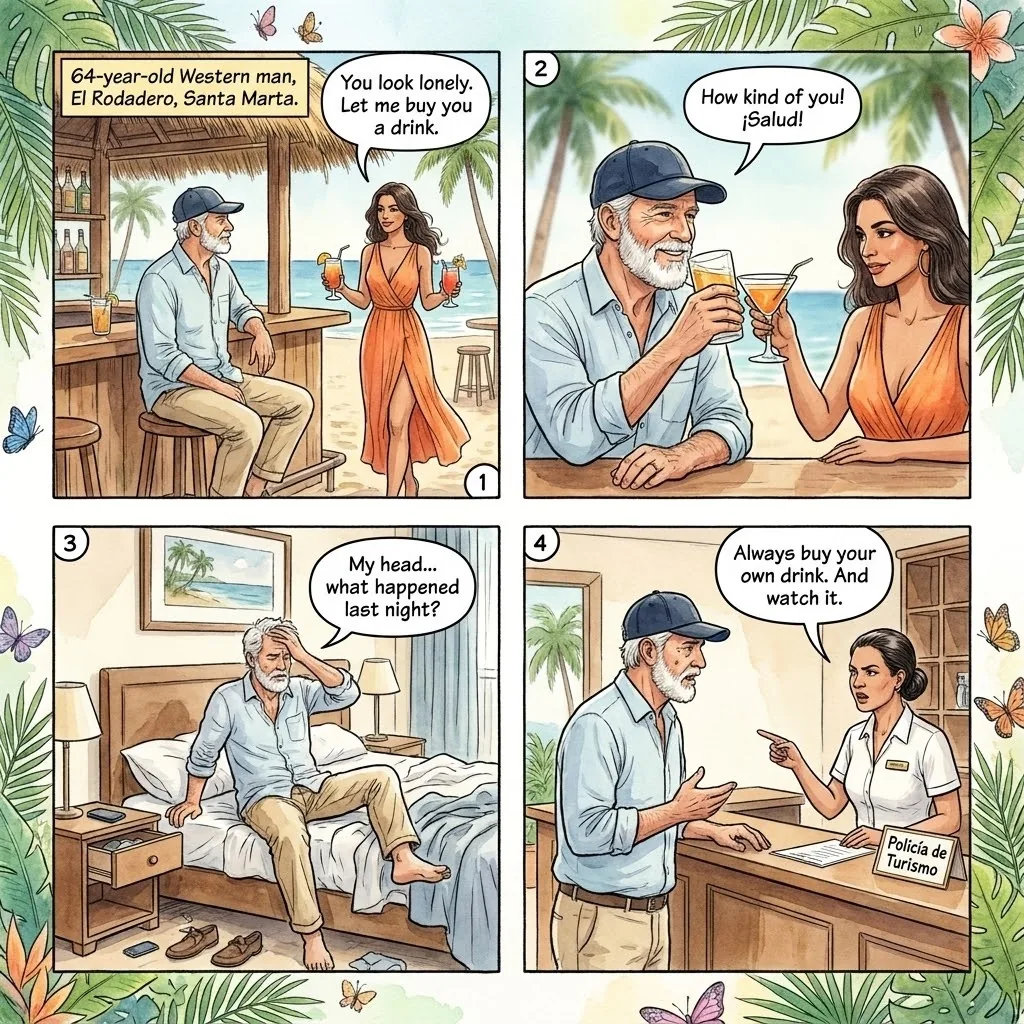 Scopolamine (Devil's Breath) Drink Spiking — comic illustration
