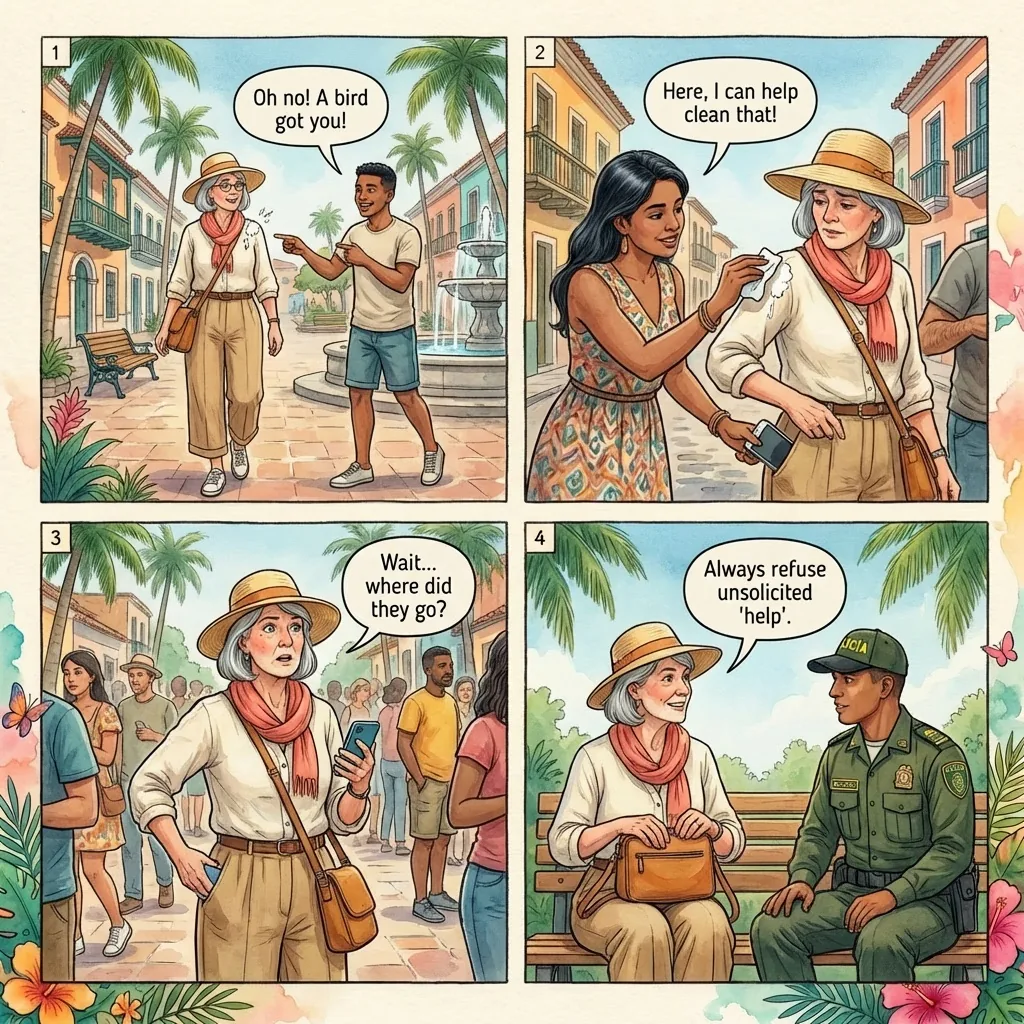 Bird-Poop and Friendship-Bracelet Distraction Theft — comic illustration