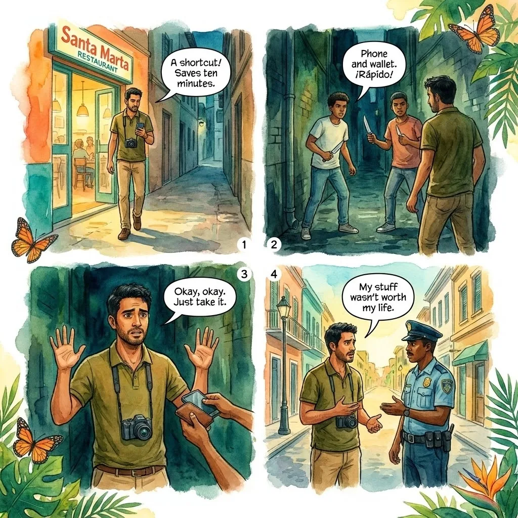 Knifepoint Robbery on Side Streets Near the Centro Histórico — comic illustration