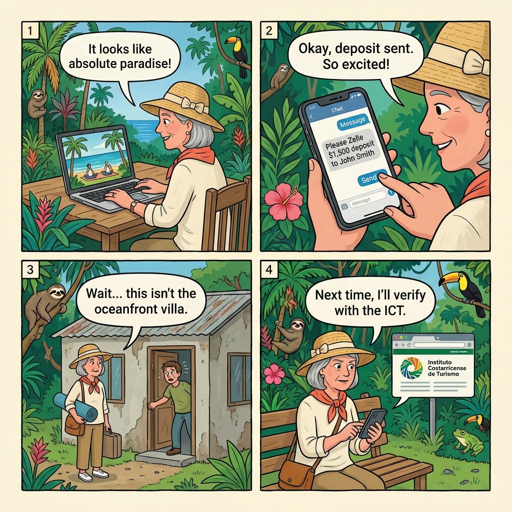 Pranamar-Lookalike Yoga Retreat Deposit Fraud — comic illustration