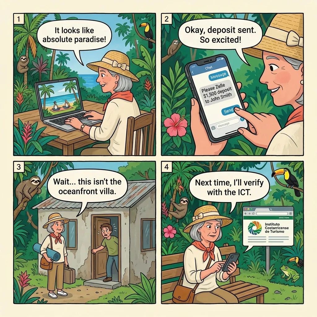 Pranamar-Lookalike Yoga Retreat Deposit Fraud — comic illustration