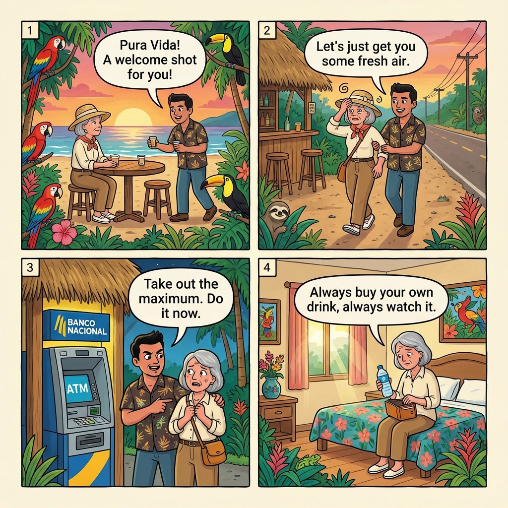 La Lora Amarilla Drink-Spike and ATM Extortion — comic illustration