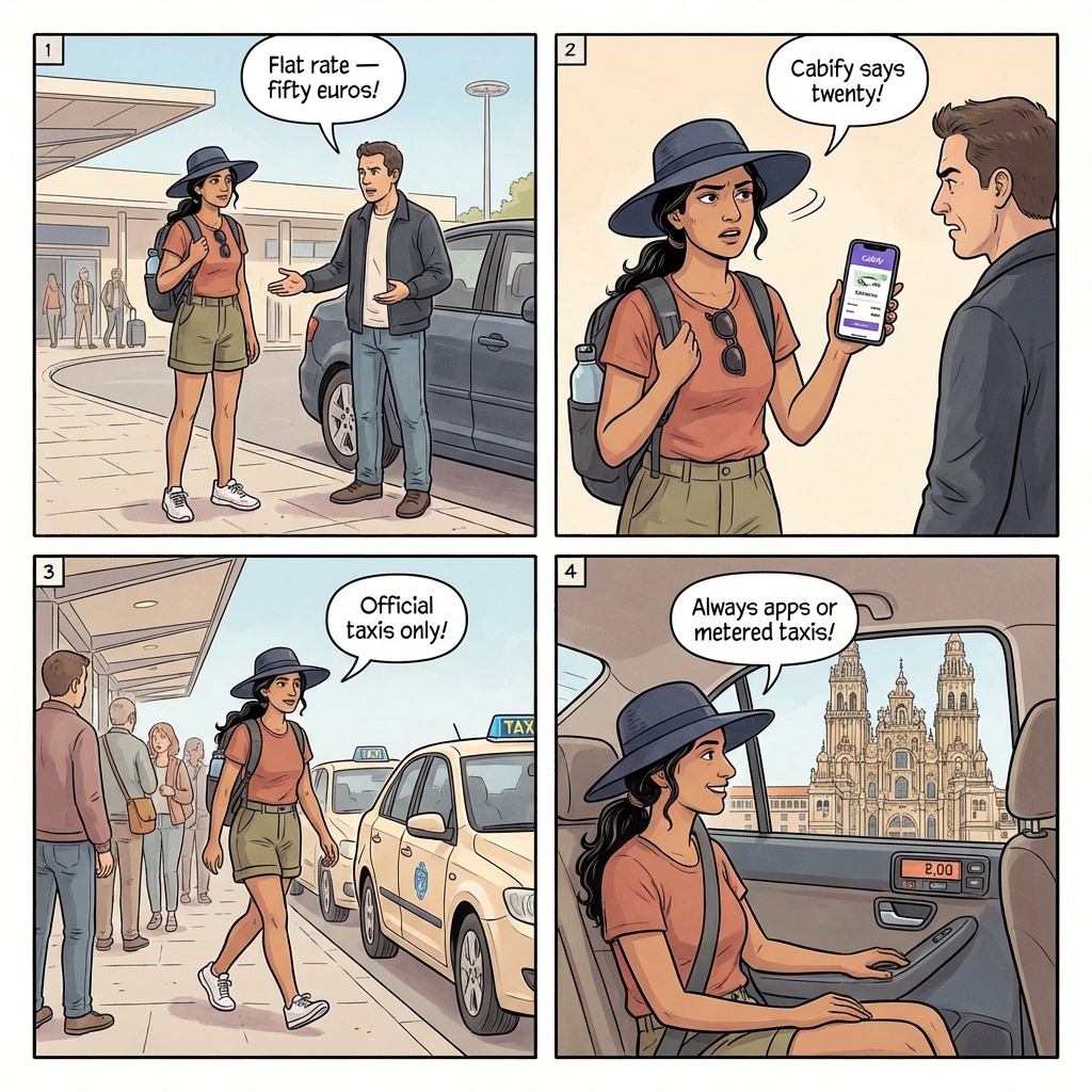 Santiago Airport & Old Town Taxi Overcharge — comic illustration