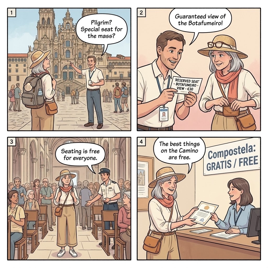 Cathedral Pilgrim Mass 'Reserved Seat' & Ticket Scam — comic illustration
