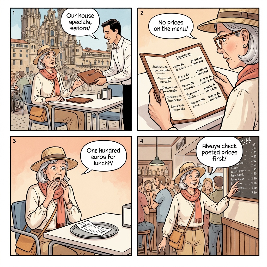 Old Town Restaurant Tourist Menu near Cathedral — comic illustration