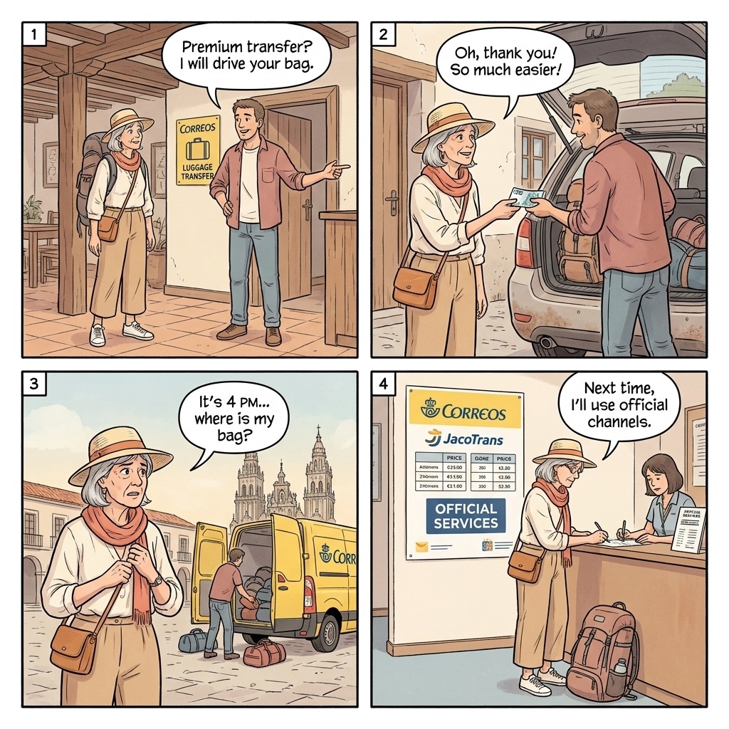 Luggage Transfer 'Upgrade' & Private Pickup Scams — comic illustration