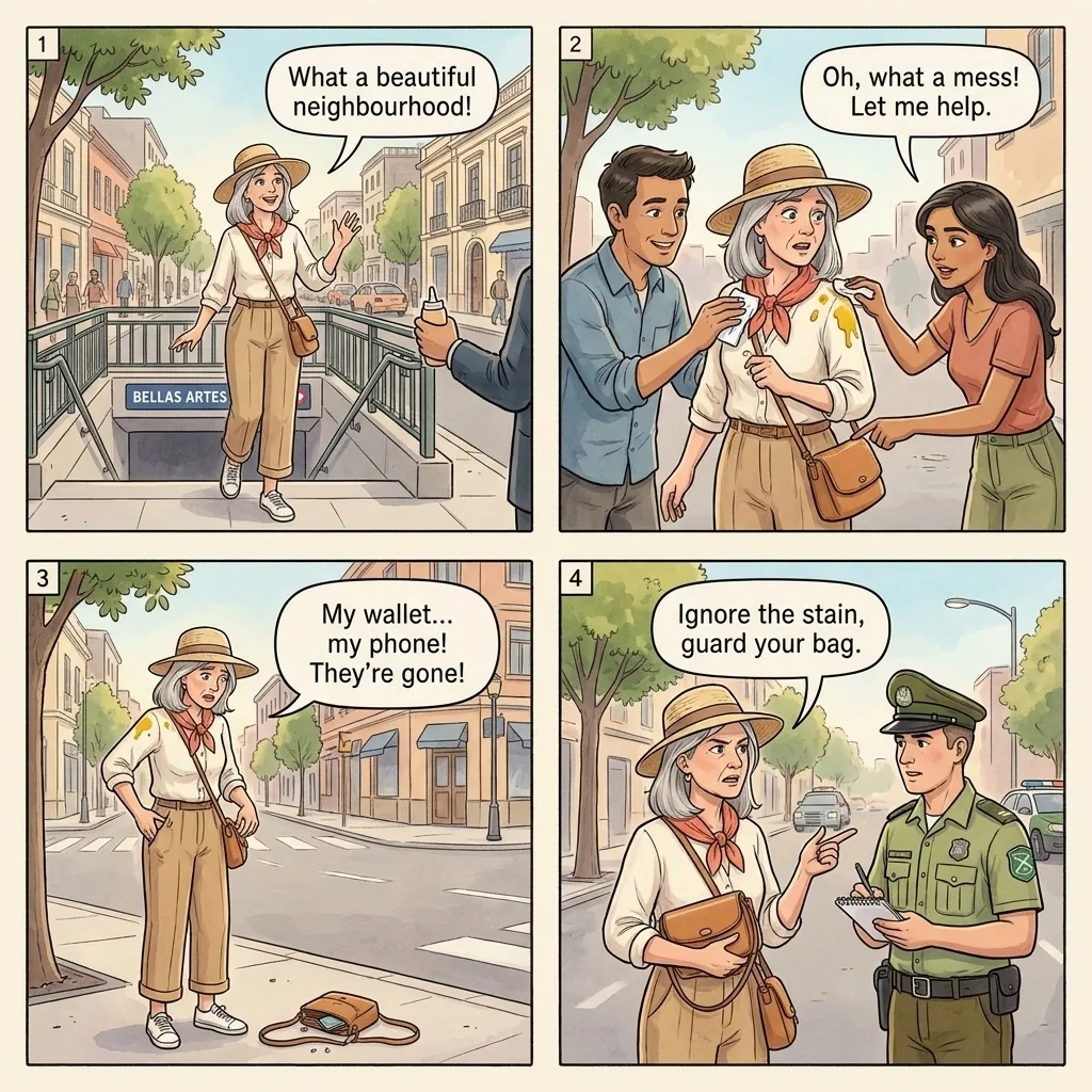 The Santiago Metro Mustard-Squirt Distraction Theft — comic illustration