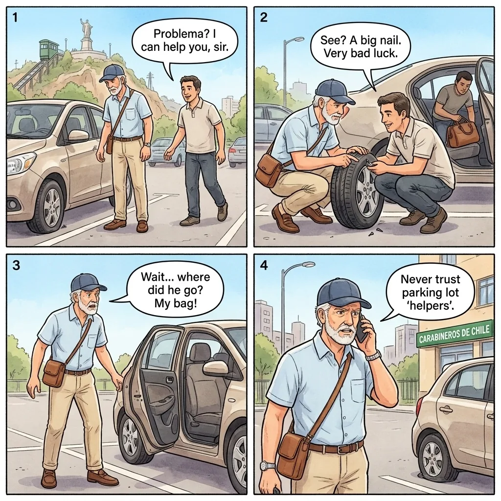 The Tourist-Site Rental-Car Flat-Tire Decoy — comic illustration
