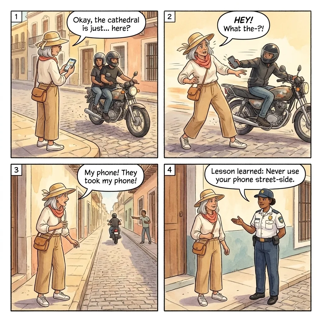 Zona Colonial Motorcycle Phone-Snatch Drive-By — comic illustration