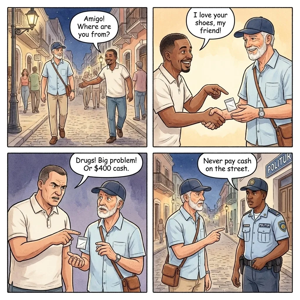 Calle El Conde Cocaine-Handshake Police-Setup Shakedown — comic illustration