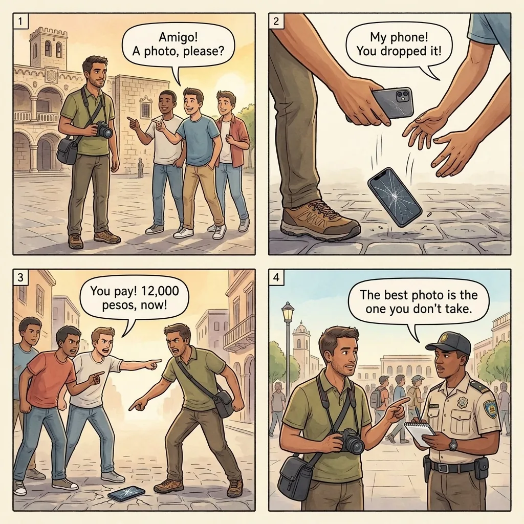 Alcázar de Colón Camera-Drop Blame-Game Extortion — comic illustration