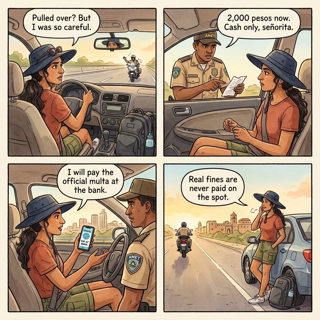 Autopista Duarte AMET Cash-Fine Roadside Shakedown — comic illustration