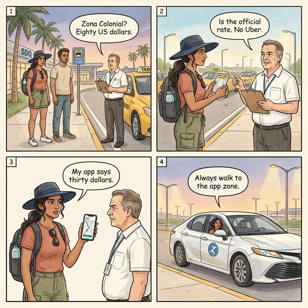 Las Américas Airport Flat-Rate Taxi-Stand Gouge — comic illustration