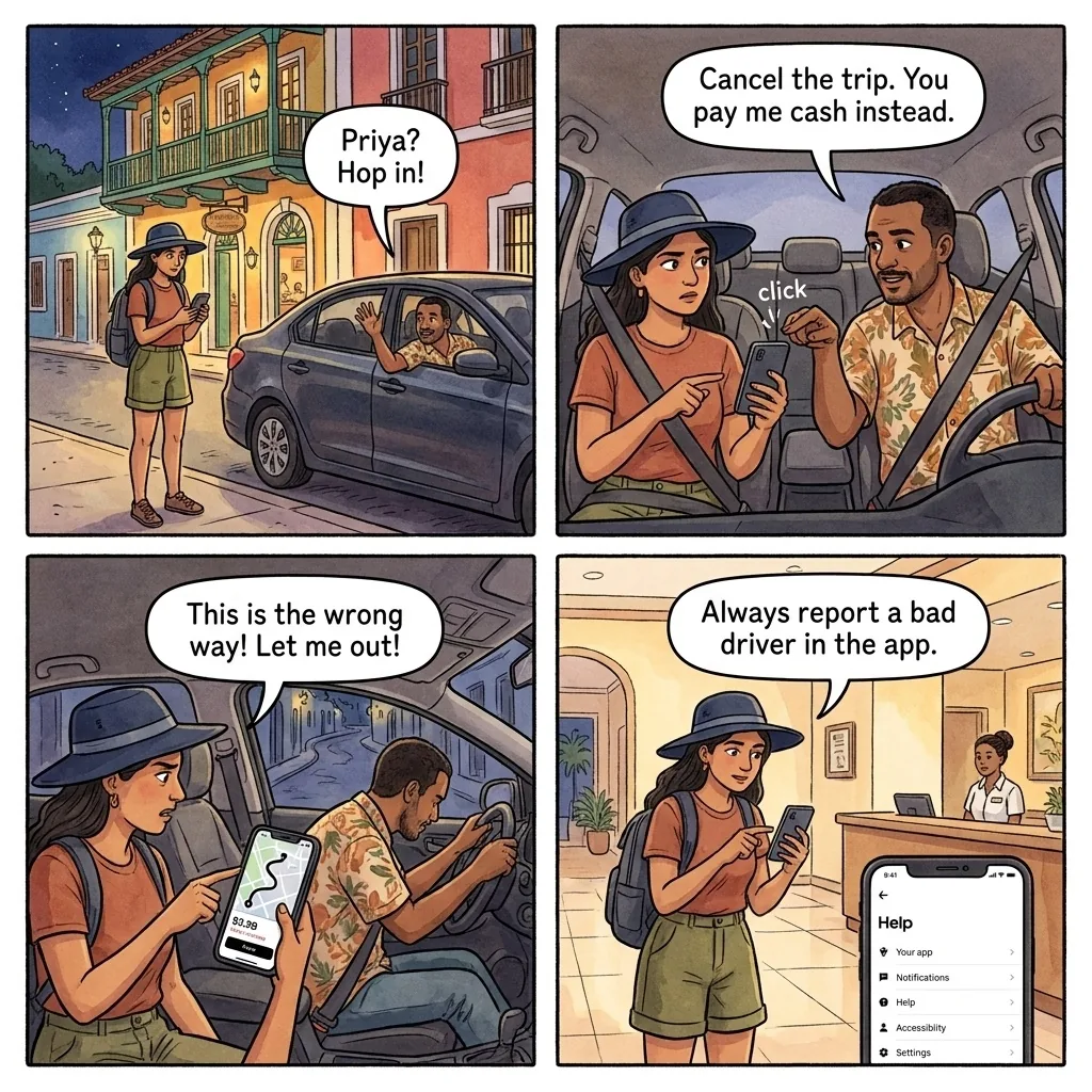 Santo Domingo Uber Cancel-and-Cash Fare Manipulation — comic illustration