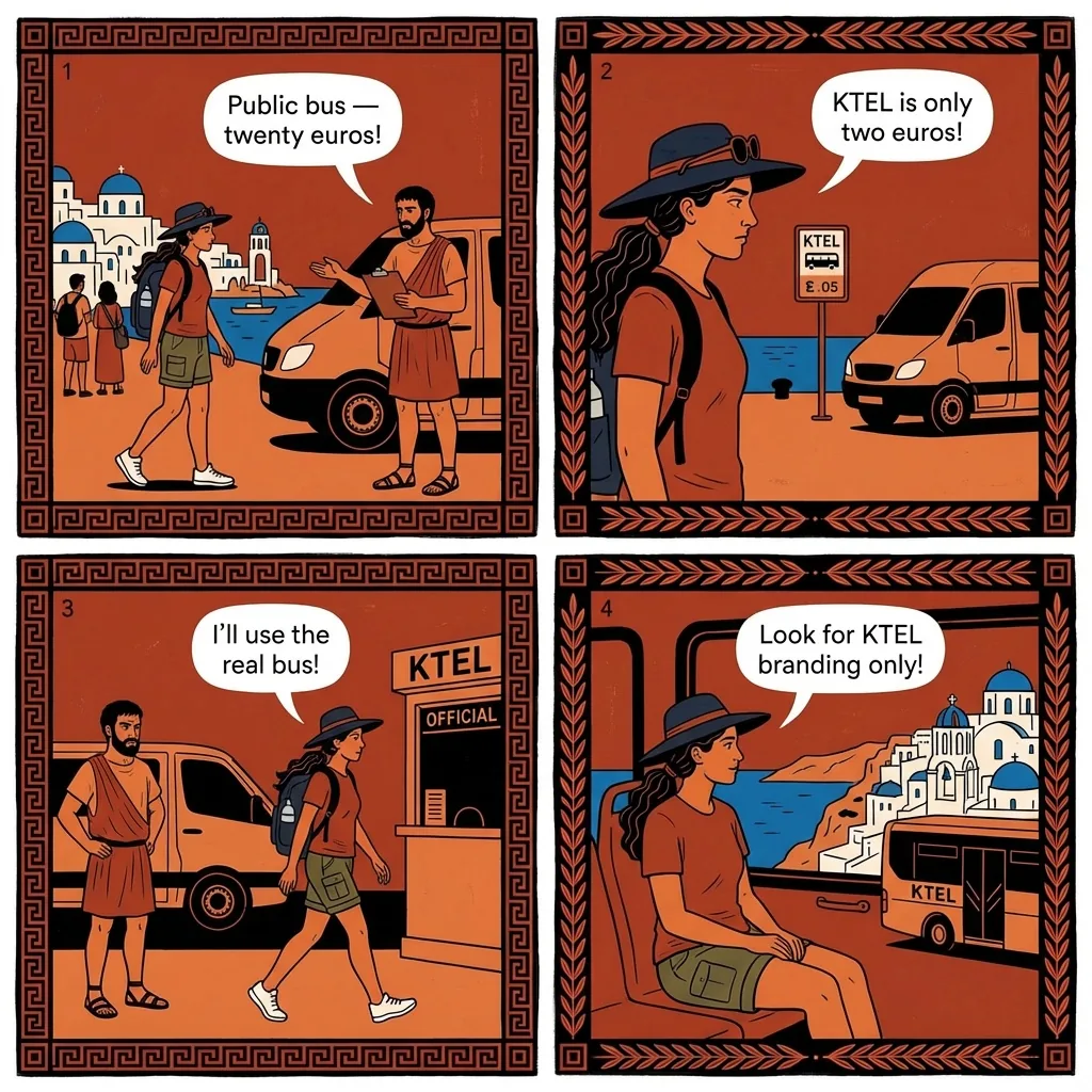 Athinios Port 'Fake Public Bus' Shuttle Scam — comic illustration
