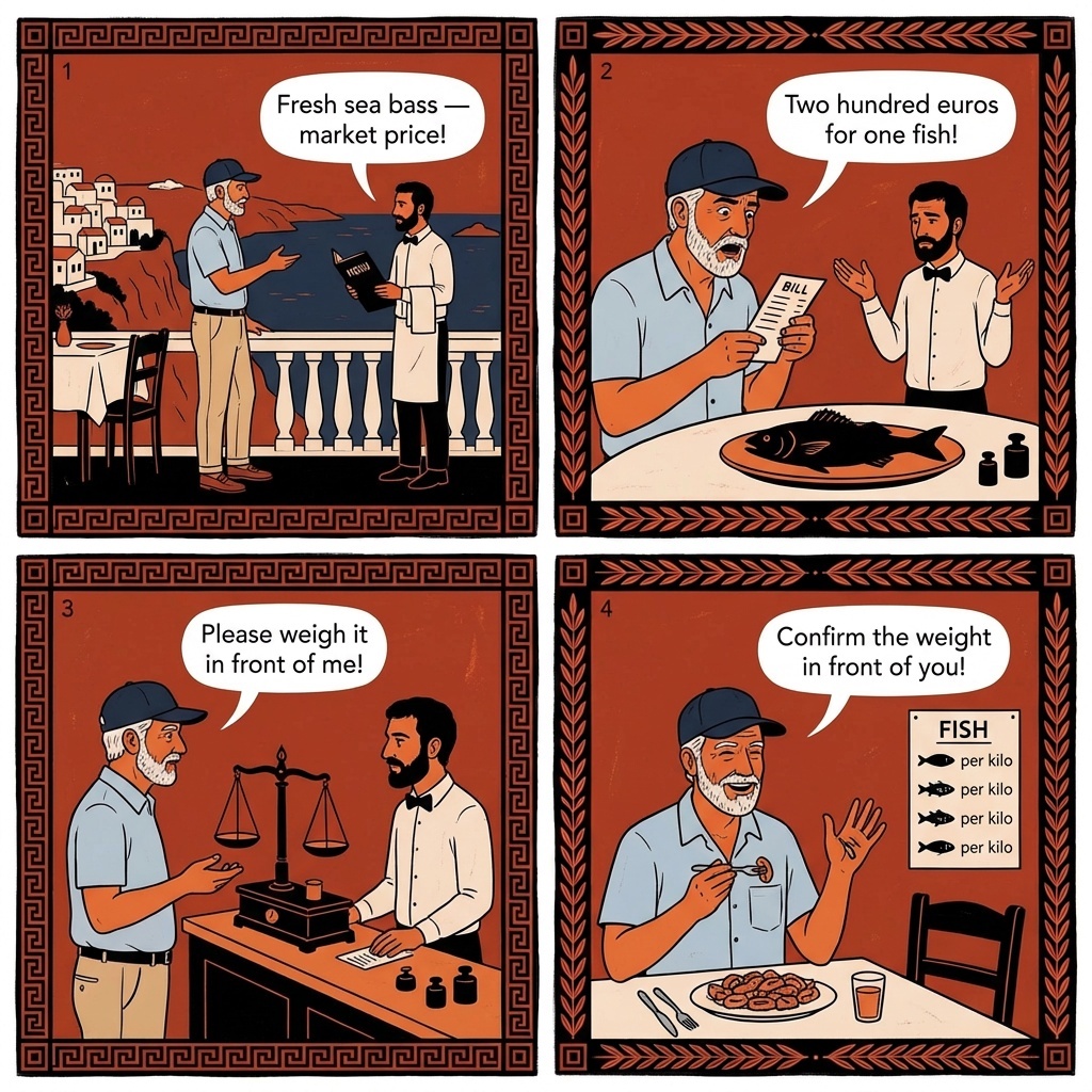 Oia Sunset Per-Kilo Fish Billing — comic illustration