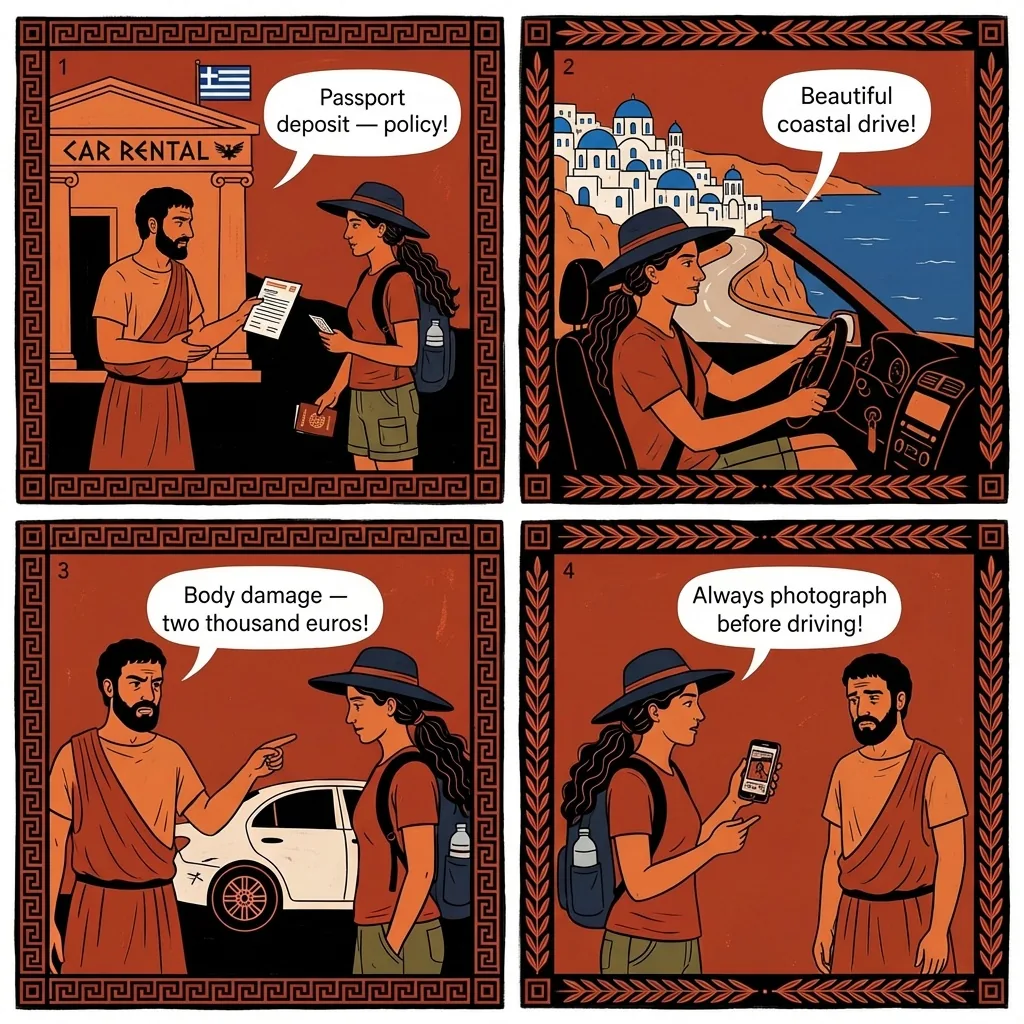 Rental Car Damage Deposit Shakedown — comic illustration