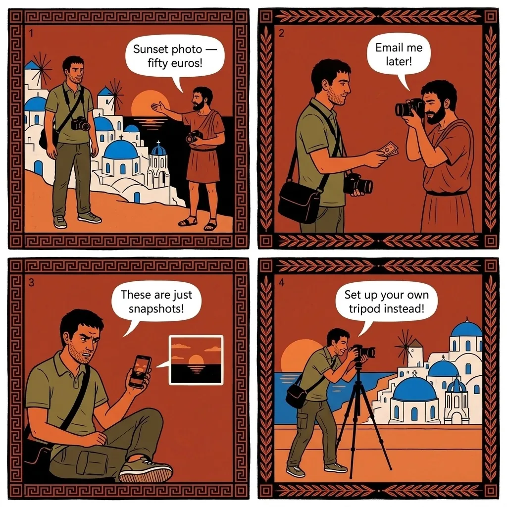 Oia Sunset 'Photographer' Solicitation — comic illustration
