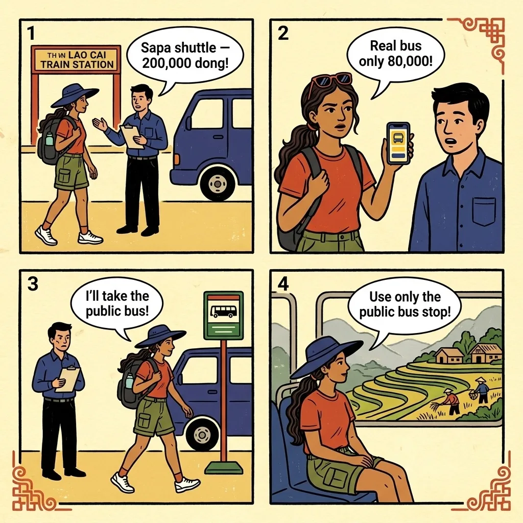 Lao Cai Station / Sapa Bus Transfer Fraud — comic illustration
