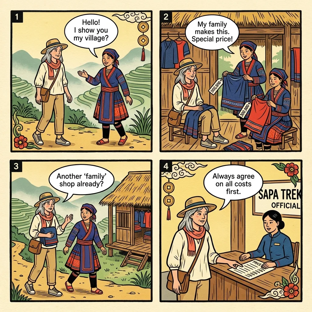 Sapa Hmong Trekking Guide Kickback & Village Pressure — comic illustration
