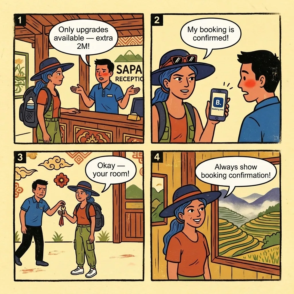 Sapa Hotel & Homestay Arrival 'Upgrade' Overcharge — comic illustration
