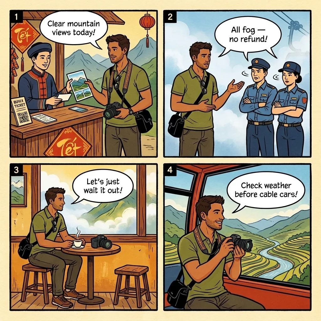 Fansipan Cable Car Closures & Weather-Dependent Upsells — comic illustration