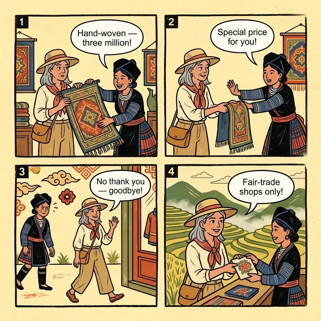 Sapa Village Shop & Handicraft Pressure Sales — comic illustration
