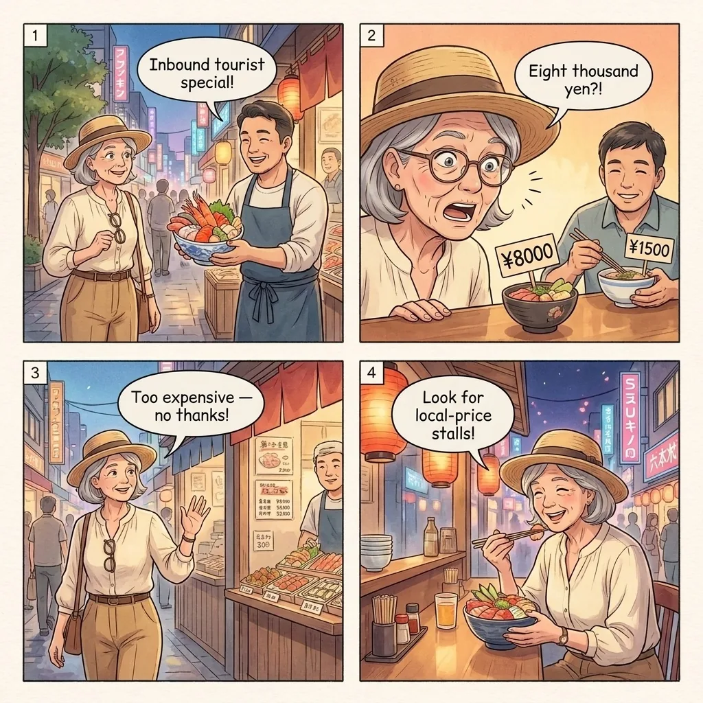 The Nijo Market 'Inbound-Don' Overcharge — comic illustration