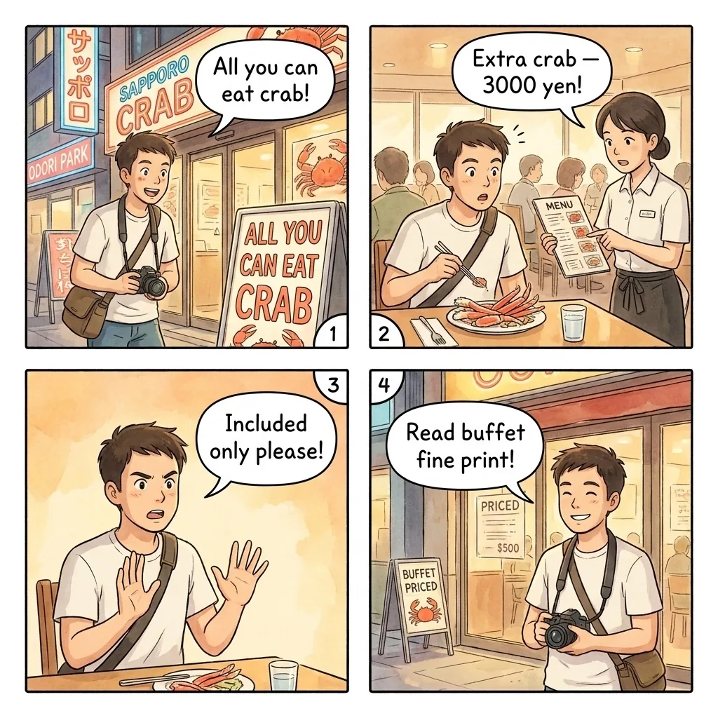 The Susukino Crab-Buffet 'All You Can Eat' Trap — comic illustration