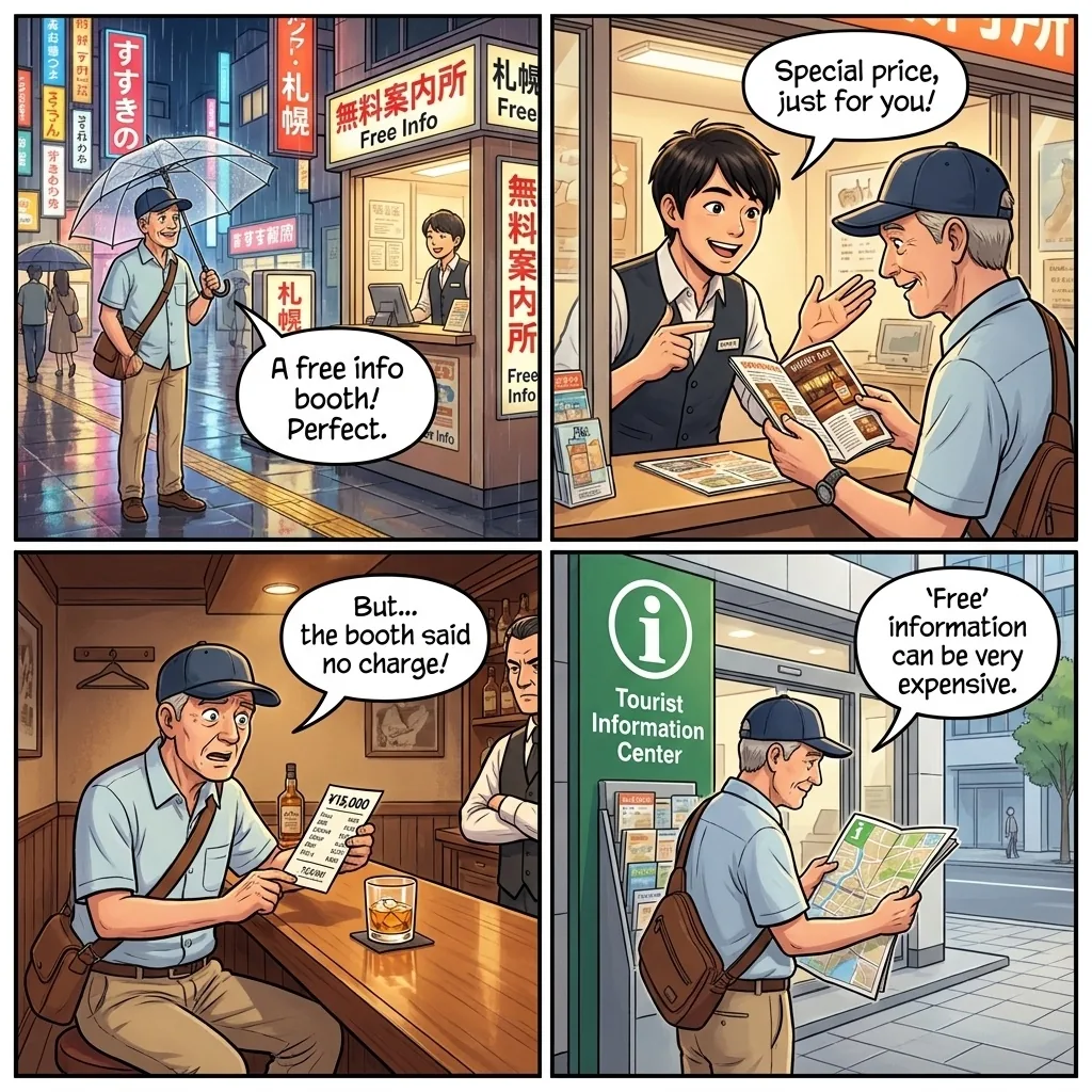 The 'Free Information Booth' Kickback Scheme — comic illustration