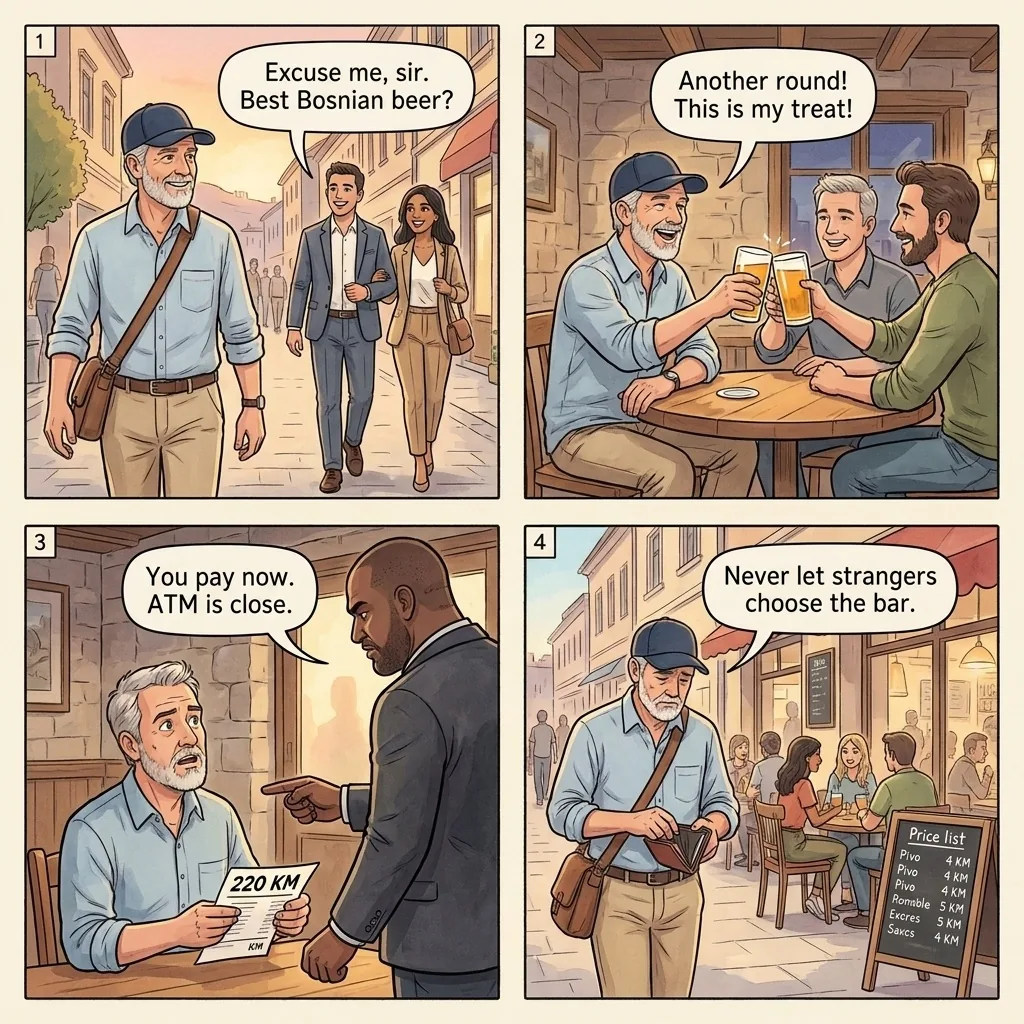 The Ferhadija Friendly-Stranger Bar Trap — comic illustration