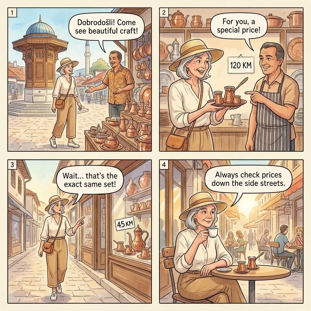 The Baščaršija Copper-Market Tourist Markup — comic illustration