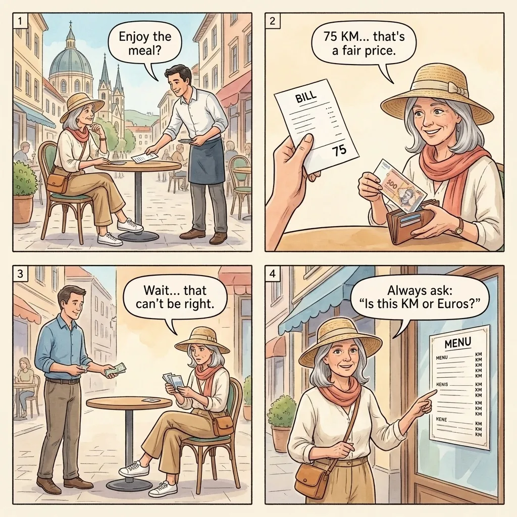 The Ferhadija KM-vs-Euro Restaurant Switch — comic illustration