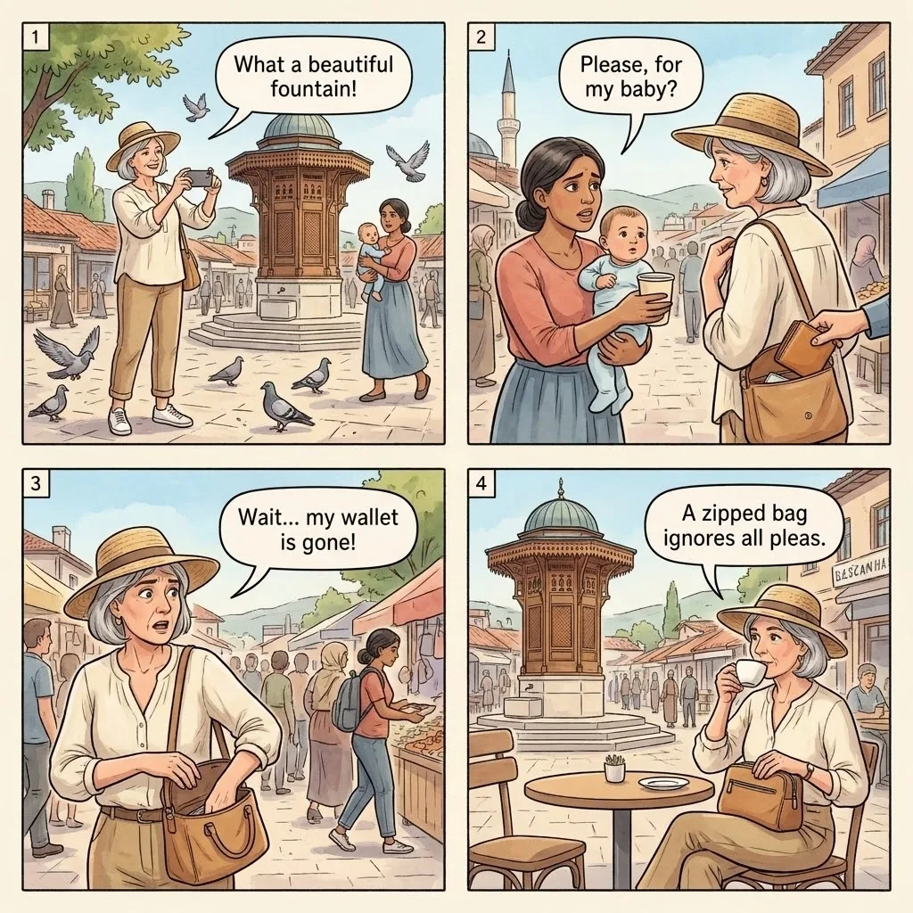 The Sebilj Fountain Distraction Pickpocket — comic illustration