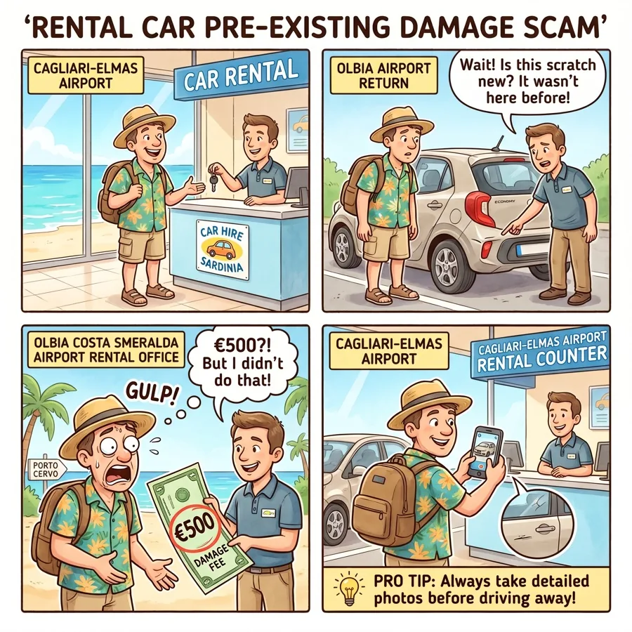 Olbia Airport Rental-Car Phantom-Damage Shakedown — comic illustration