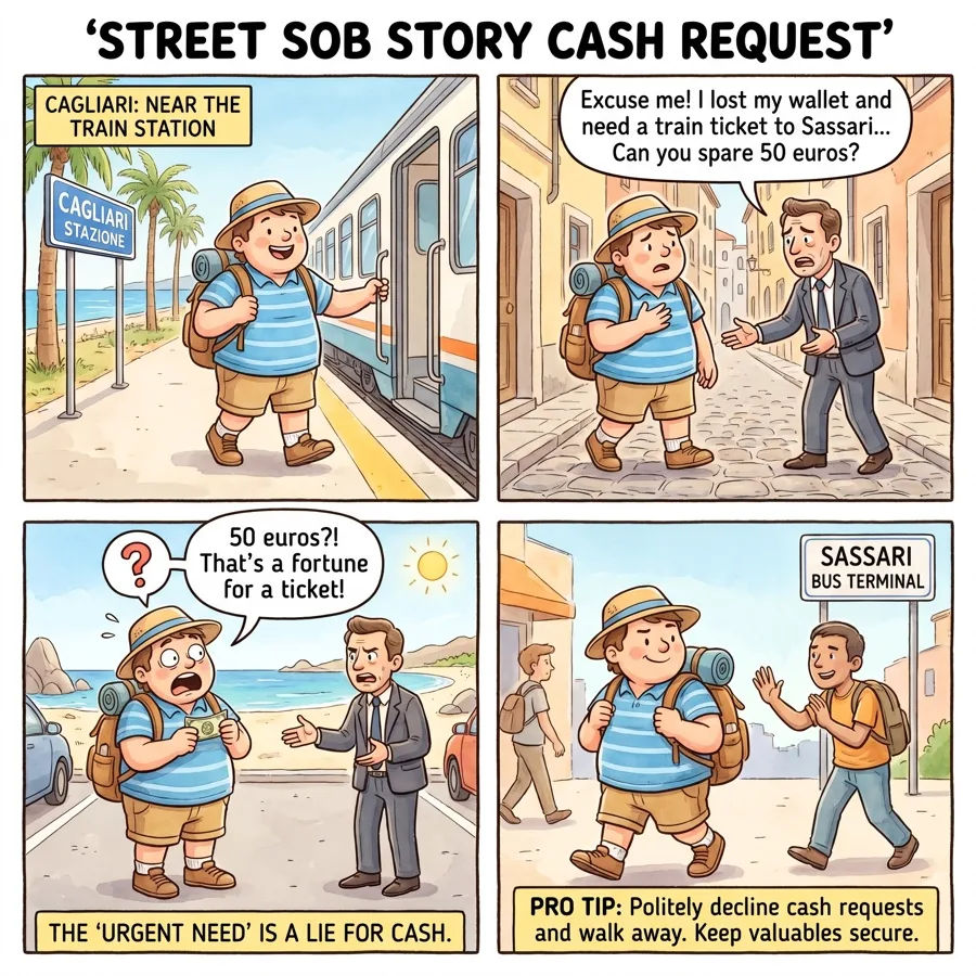La Pelosa (Stintino) Reseller Ticket Scam — comic illustration