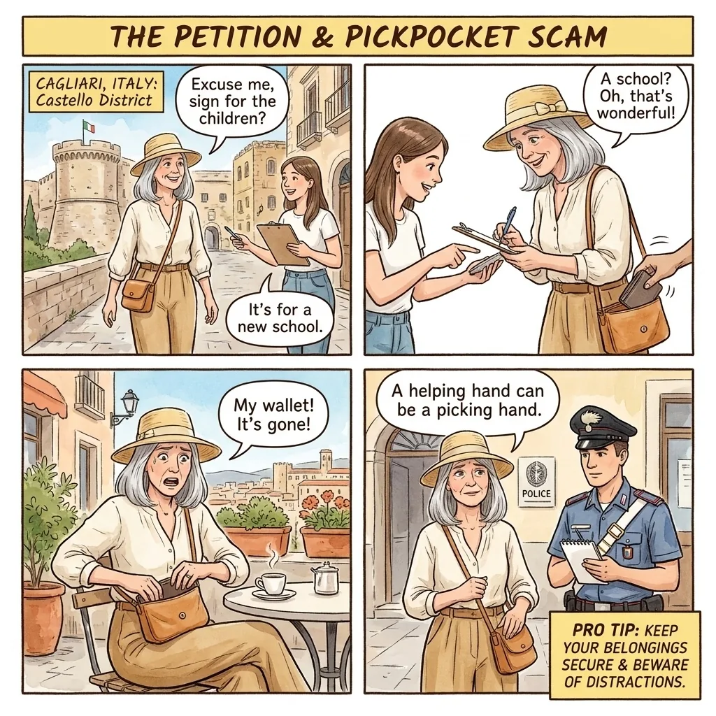 Cagliari Poetto Beach & Castello Pickpocket — comic illustration