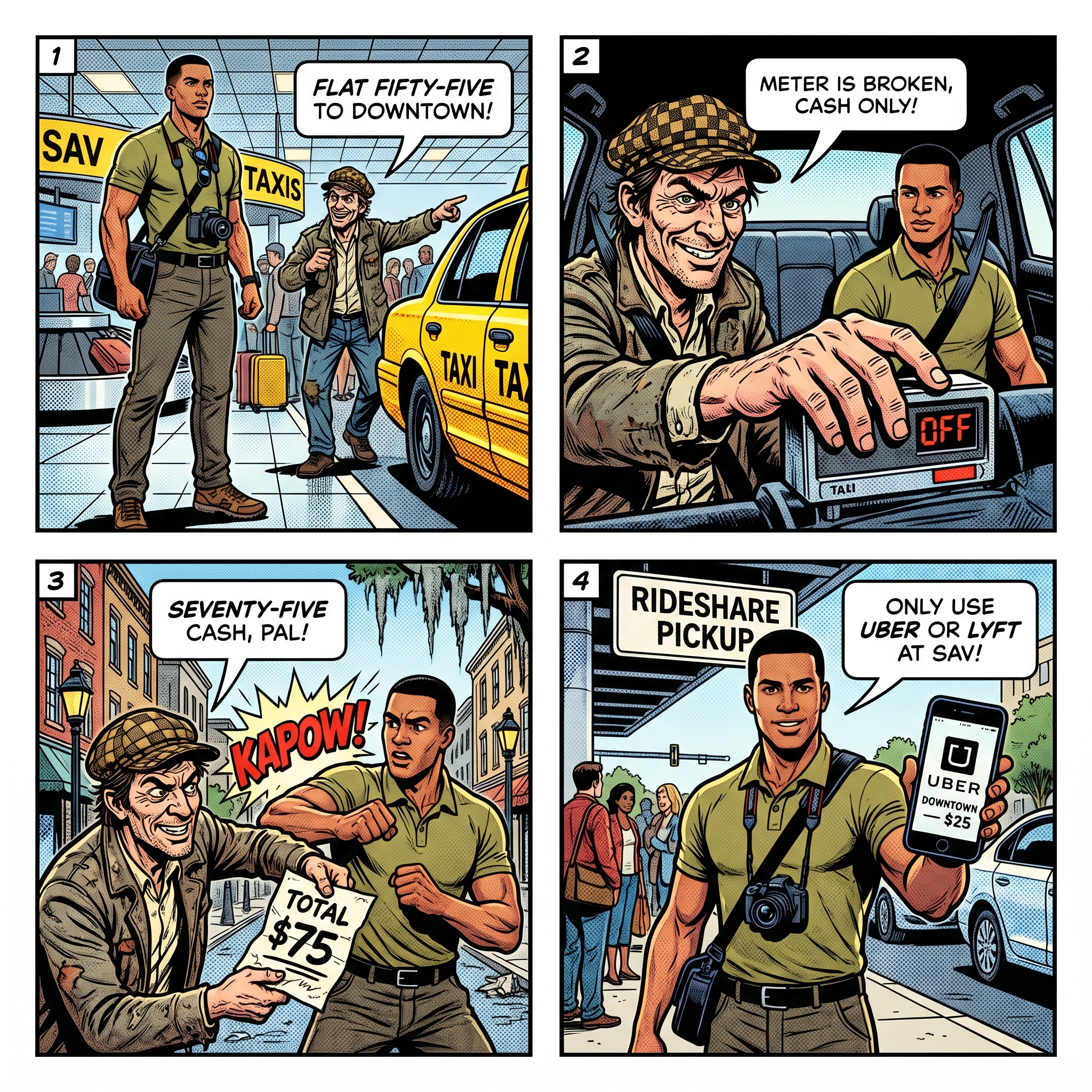 Savannah-Hilton Head Airport Taxi Overcharge & Rideshare Confusion — comic illustration