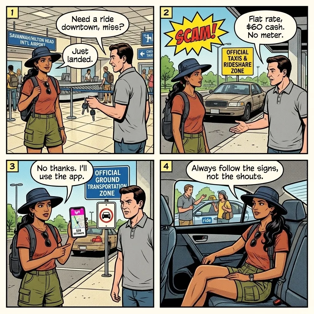 SAV Airport Taxi Overcharge & Rideshare Confusion — comic illustration