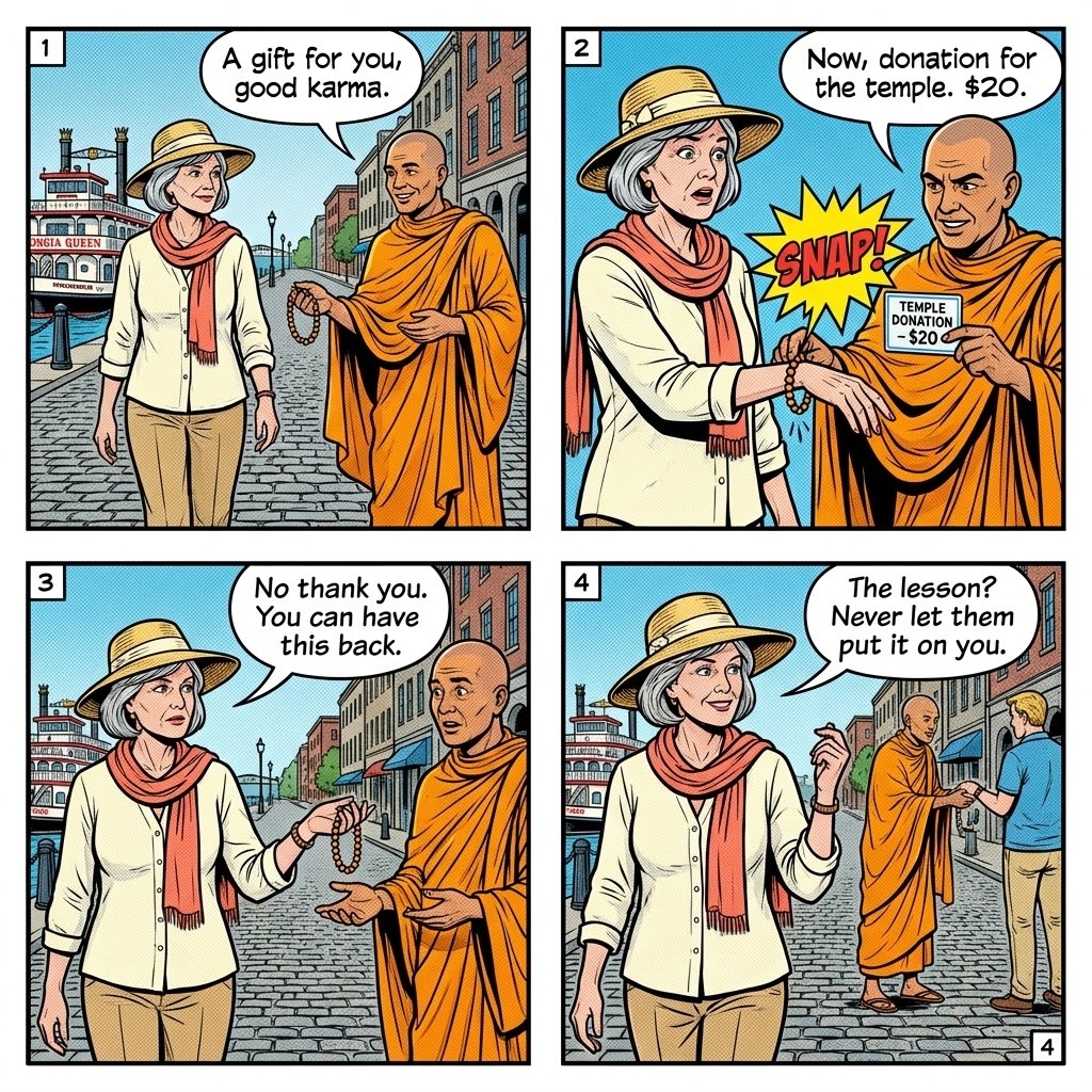 Savannah 'Monk' & Fake-Religious River Street Donation Scam — comic illustration