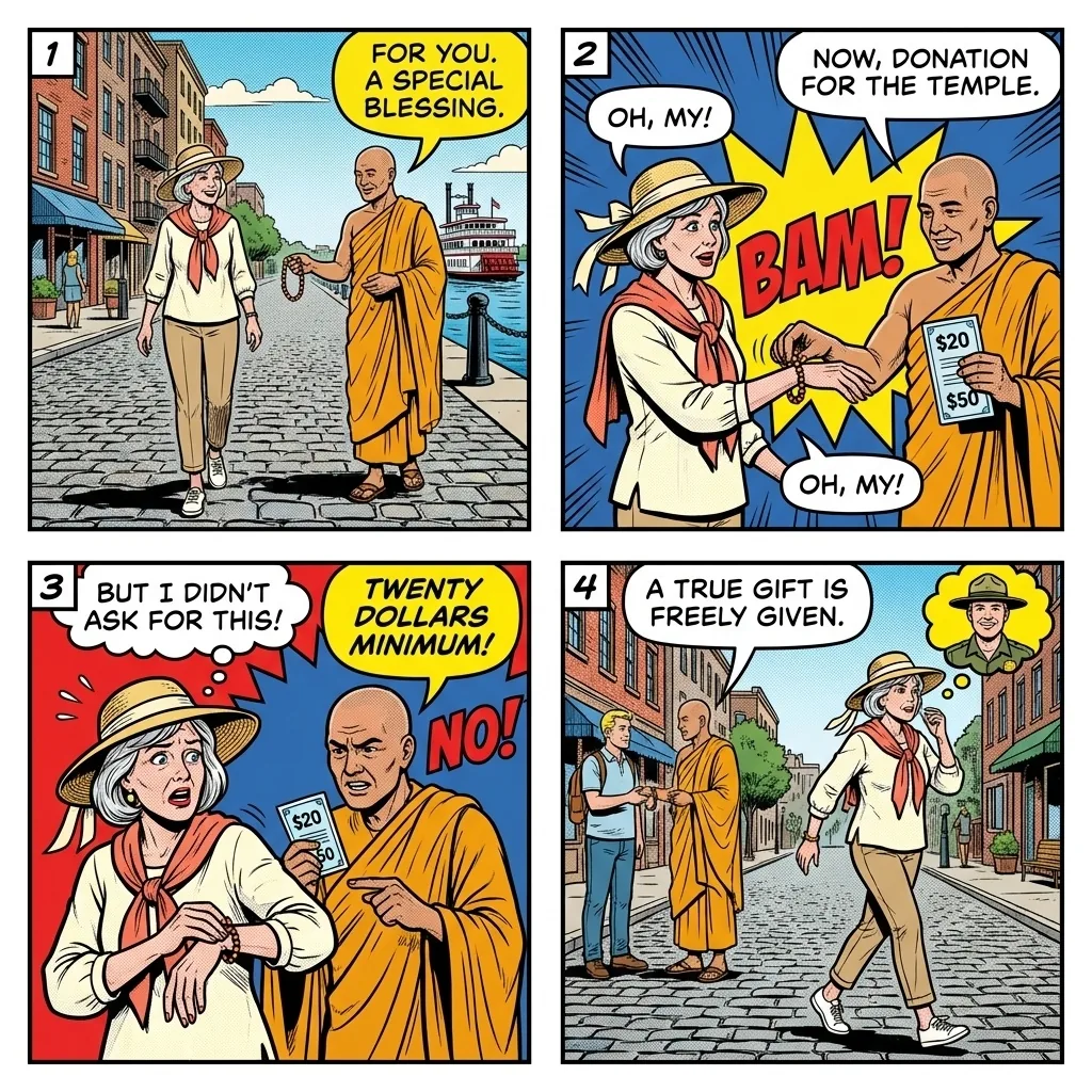 River Street 'Monk' Fake-Buddhist Bracelet-Donation Scam — comic illustration